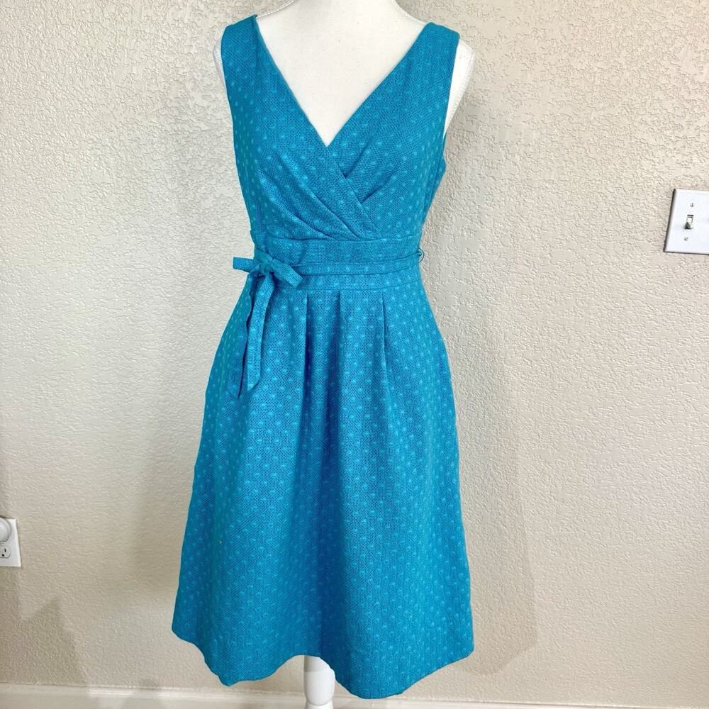 Talbots Sz 6 Bright Blue Polka Dot Pleated Fit and Flare Tie Waist Summer Dress